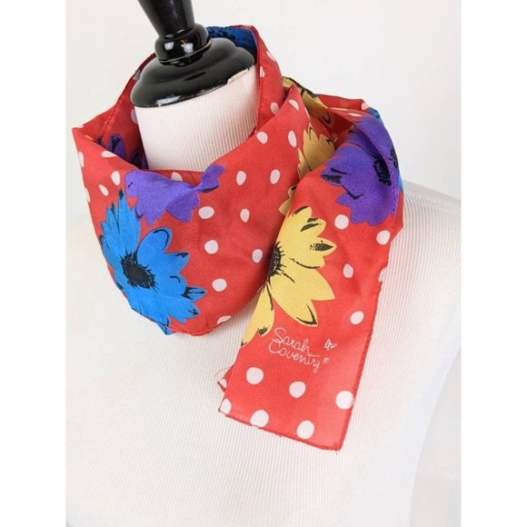 Vtg 1970s Silky Bold Red Purple Yellow Floral Print Rectangle Oblong Scarf - Picture 7 of 7